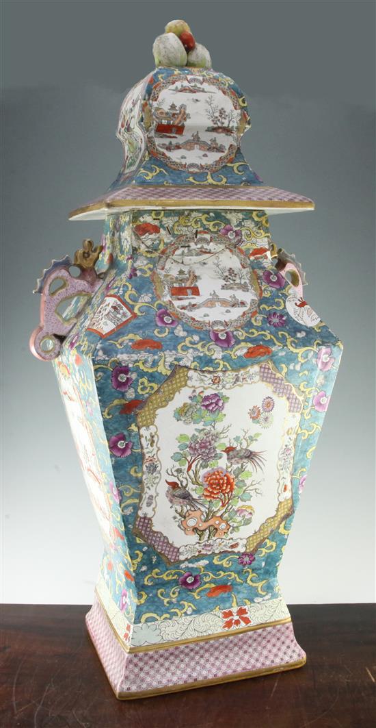 A massive C J Mason & Co ironstone square baluster vase and cover, c.1845, 99.5cm, damage to neck and cover